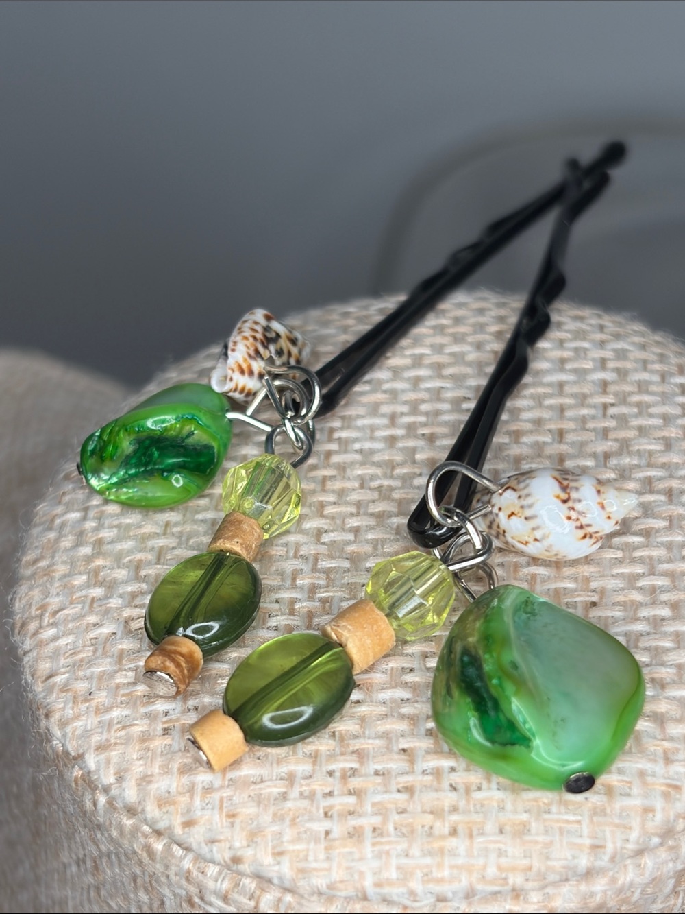 Handmade Green Beaded Hair Pins with Shell Accents